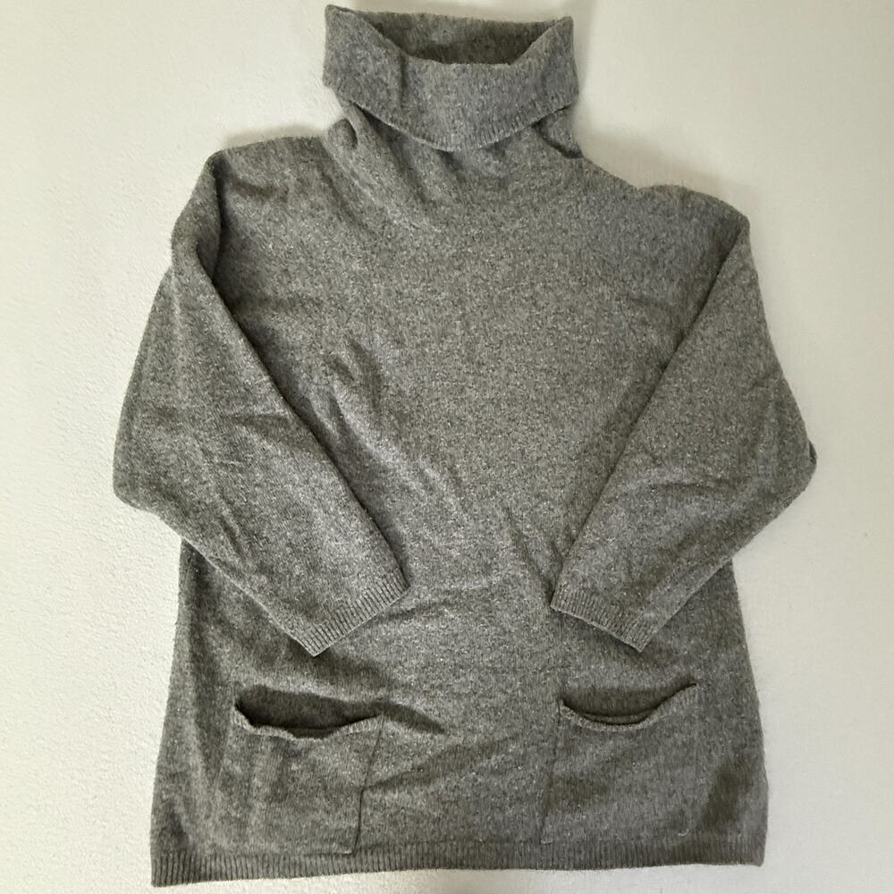 Benetton 100% Cashmere Turtleneck Tunic Sweater Gray Made in Italy Pockets